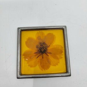 Anthropologie Metal Trinket Box With Dried Flower 3" x 3"